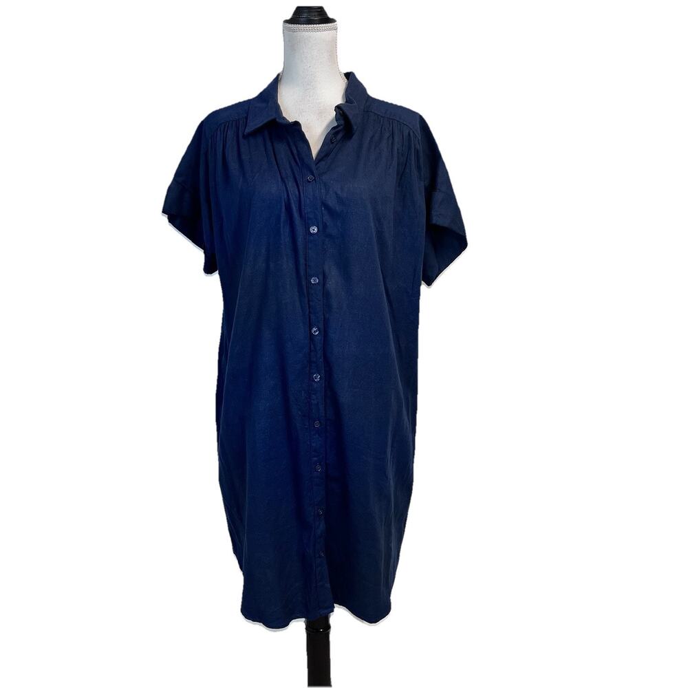 Ophelia Roe Dress size Extra Large Navy Blue Linen Button Front Pockets Midi